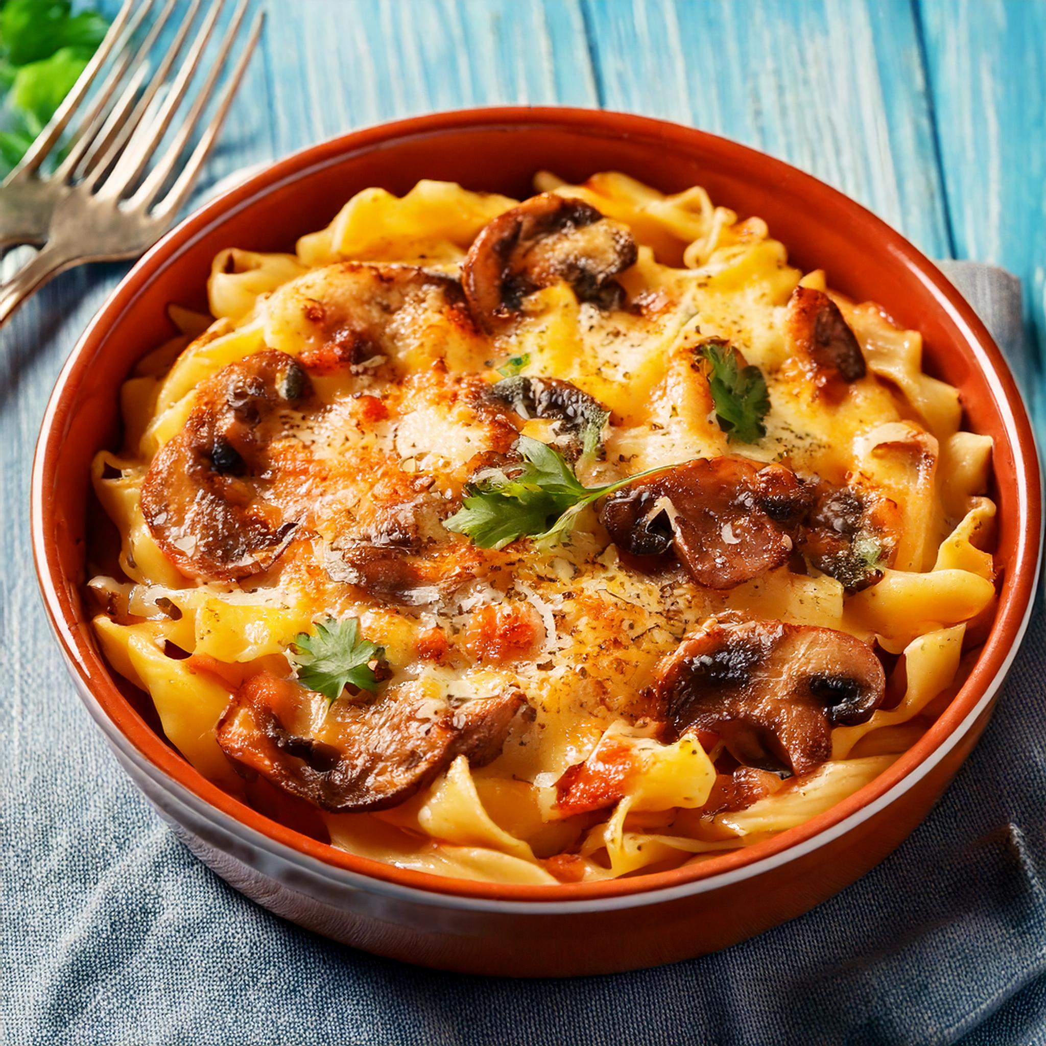 mushroom carbonara pasta bake